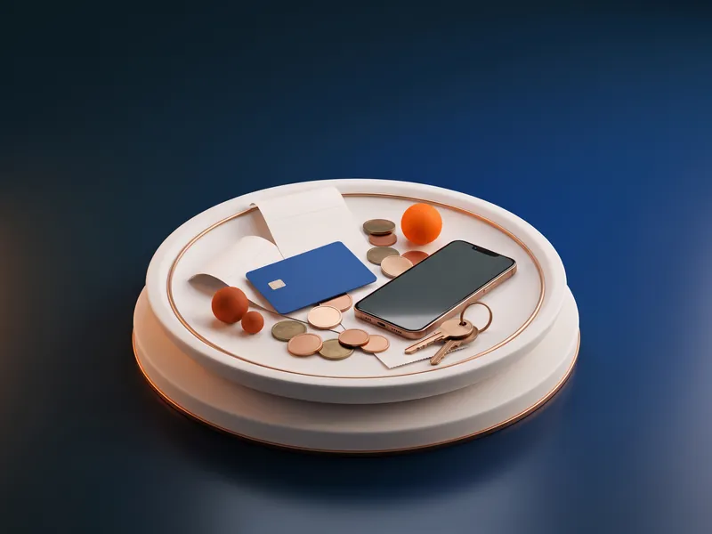 Uma bandeja de pedra com tudo misturado: recibos, cartão, moedas, celular e chaves